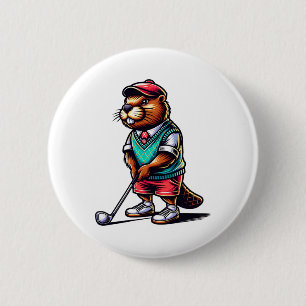 Badge Rond 5 Cm Funny Beaver Golfer Rodent Golfing Sports
