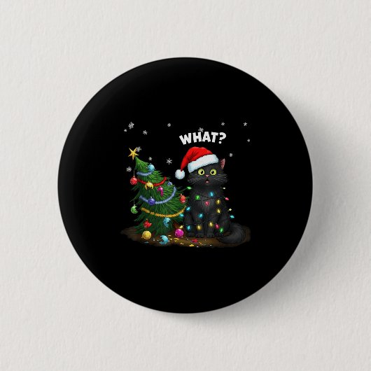Badge Rond 5 Cm Funny Black Cat Pushing Christmas Tree (Devant)