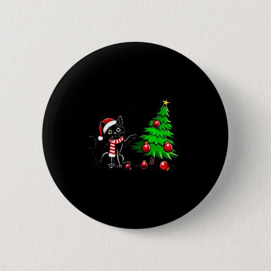 Badge Rond 5 Cm Funny Black Cat Pushing Christmas Tree Over Cat Wh (Devant)