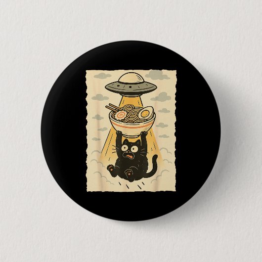 Badge Rond 5 Cm Funny Black Cat Ufo Ramen Alien Abduction Graphic  (Devant)