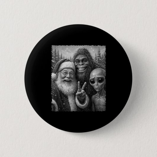 Badge Rond 5 Cm Funny Cat Christmas Bigfoot Alien Santa Snow Selfi (Devant)