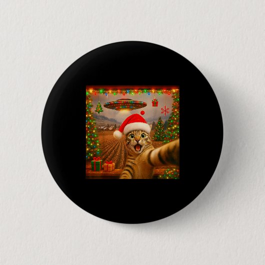 Badge Rond 5 Cm Funny Cat Selfie With Alien Ufo Christmas Lights S (Devant)