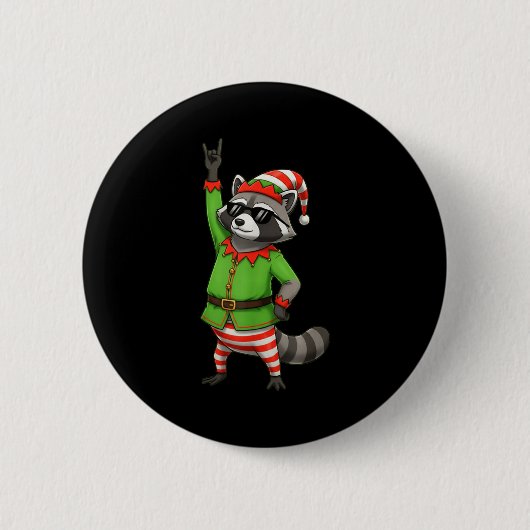 Badge Rond 5 Cm Funny Christmas Raccoon Dressed As Elf With Sungle (Devant)