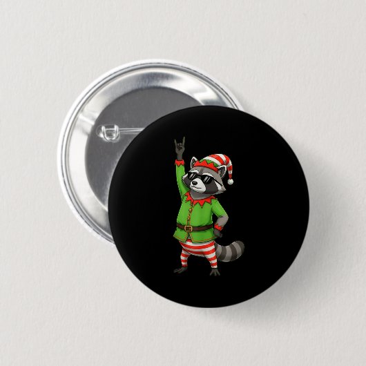 Badge Rond 5 Cm Funny Christmas Raccoon Dressed As Elf With Sungle (Devant & derrière)