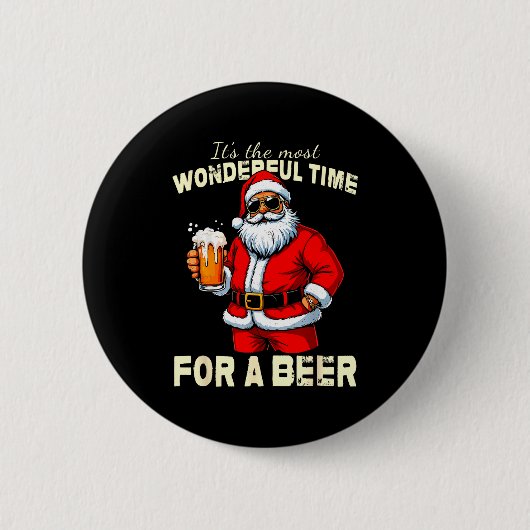 Badge Rond 5 Cm Funny Christmas Santa Drinking Beer Wonderful Time (Devant)
