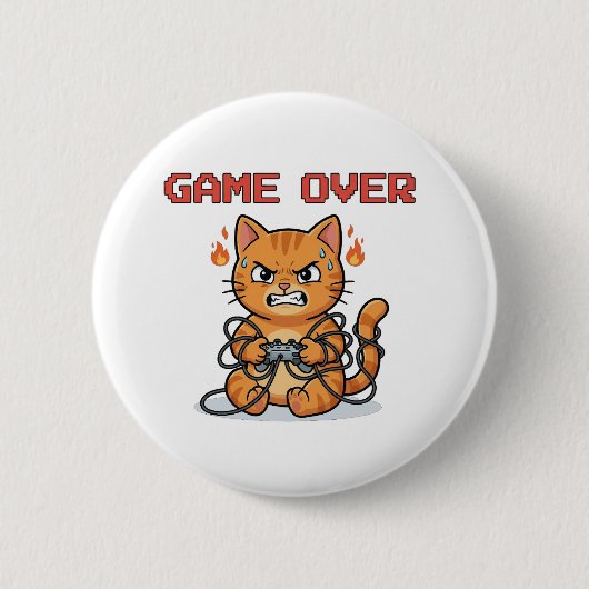 Badge Rond 5 Cm Funny Gamer Cat Game Over Button (Devant)