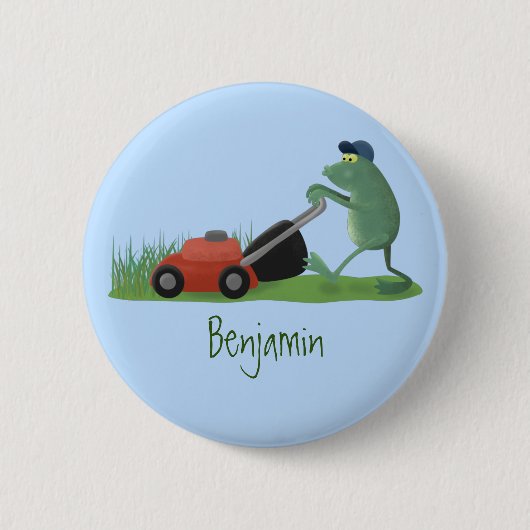 Badge Rond 5 Cm Funny green frog mowing lawn cartoon (Devant)