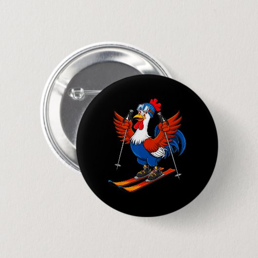 Badge Rond 5 Cm Funny Rooster Skiing Adventure Cartoon (Devant & derrière)