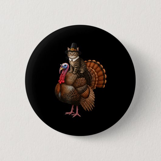 Badge Rond 5 Cm Funny Thanksgiving Cat On Turkey, Lgrim Hat Turkey (Devant)