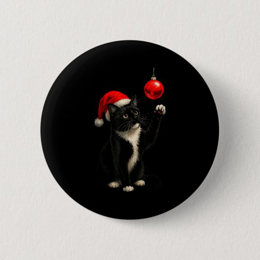 Badge Rond 5 Cm Funny Tuxedo Bauble Cat Santa Hat Red Xmas Christm (Devant)