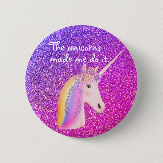 Badge Rond 5 Cm Funny Unicorn Rainbow Fantasy Purple Pink Glitter (Devant)