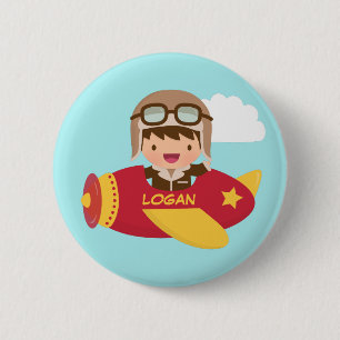 Badge Rond 5 Cm Garçon Aviateur Mignon Aventure en Avion Pour Enfa