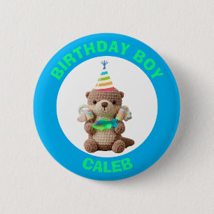 Badge Rond 5 Cm Garçon d'anniversaire Ours en peluche bleu et ve