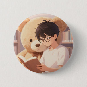 Badge Rond 5 Cm Garçon de la bibliothèque cosy & ours en peluche g