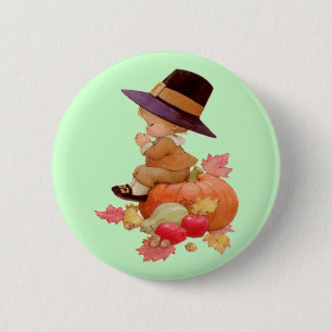 Badge Rond 5 Cm Garçon pèlerin vintage priant sur Citrouille