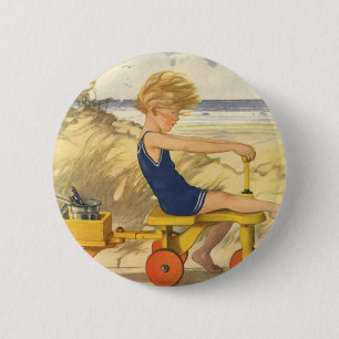 Badge Rond 5 Cm Garçon vintage Jouer à la plage avec des jouets de