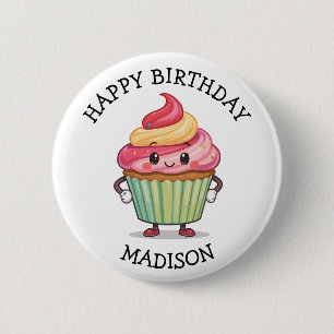 Badge Rond 5 Cm Gâteau Anniversaire Personnalisé Rose Mignon
