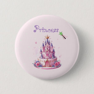 Badge Rond 5 Cm Gâteau Château Princesse Rose et Baguette Magique