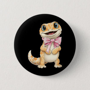 Badge Rond 5 Cm Gecko Coquette avec Nœud Ruban Rose Filles Drôles