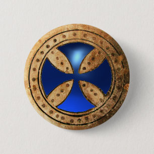 Badge Rond 5 Cm Gemme bleue CROISÉE ANTIQUE de saphir de TEMPLAR