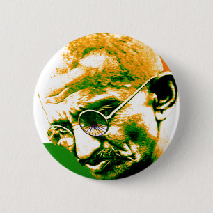 Badge Rond 5 Cm Ghandi en orange vert et blanc avec drapeau