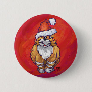 Badge Rond 5 Cm Ginger Chat Noël Sur Rouge