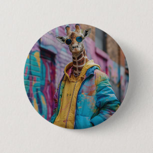 Badge Rond 5 Cm Girafe dans un maillot de rue avec lunettes de sol