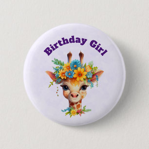 Badge Rond 5 Cm Girafe fille d'anniversaire avec couronne fleurie