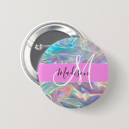Badge Rond 5 Cm Girl Rainbow Holographic Iridescente Monogramme No (Devant & derrière)