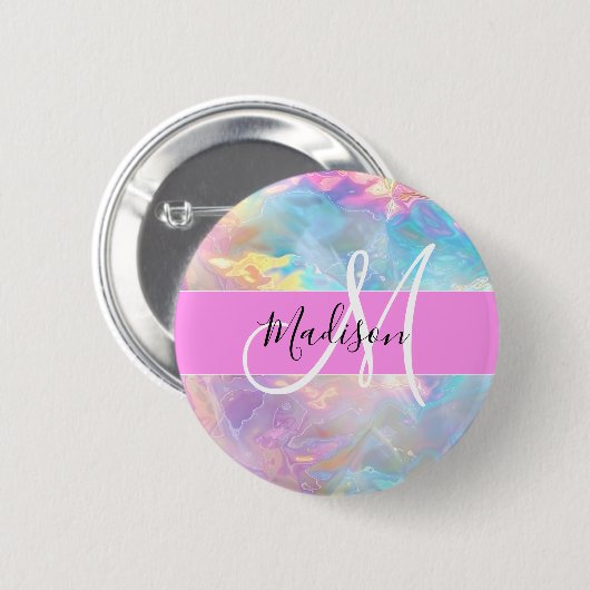 Badge Rond 5 Cm Girl Rainbow Holographic Iridescente Monogramme No (Devant & derrière)
