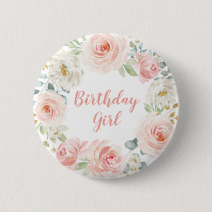 Badge Rond 5 Cm Girly rougissent anniversaire floral d'or rose le