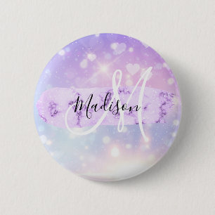 Badge Rond 5 Cm Girly Sparkly Unicorn Rainbow Hearts Monogramme