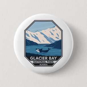 Badge Rond 5 Cm Glacier Bay National Park Alaska Orca Art Vintage