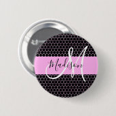 Badge Rond 5 Cm Glam Black Metallic Rose Honeycomb Nom du monogram (Devant & derrière)
