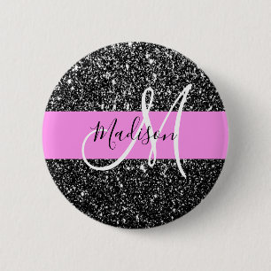 Badge Rond 5 Cm Glam Chic Rose Noir Paillettes Brillantes Monogram