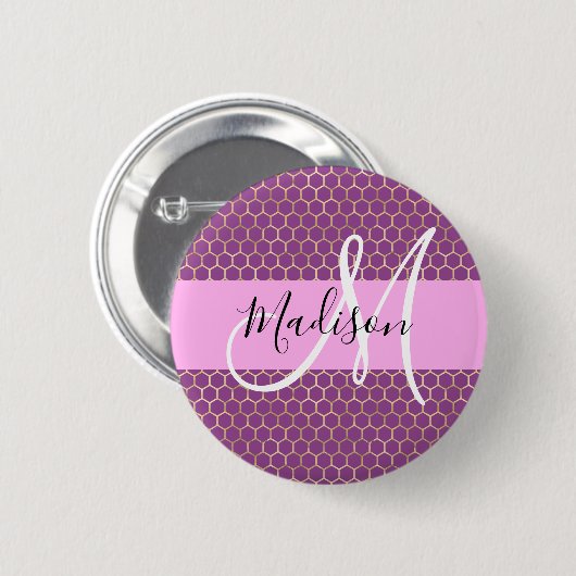 Badge Rond 5 Cm Glam Fuchsia Metallic rose Honeycomb Nom (Devant & derrière)