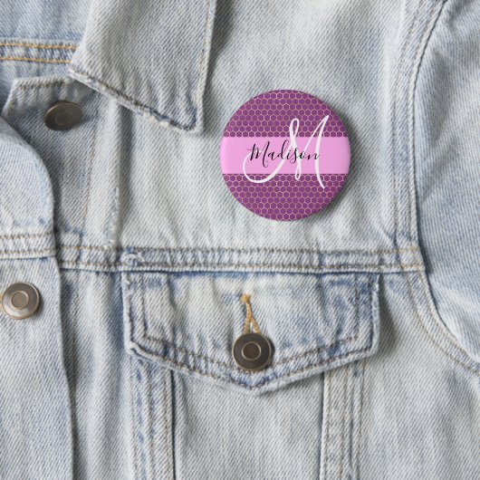 Badge Rond 5 Cm Glam Fuchsia Metallic rose Honeycomb Nom (En situation)