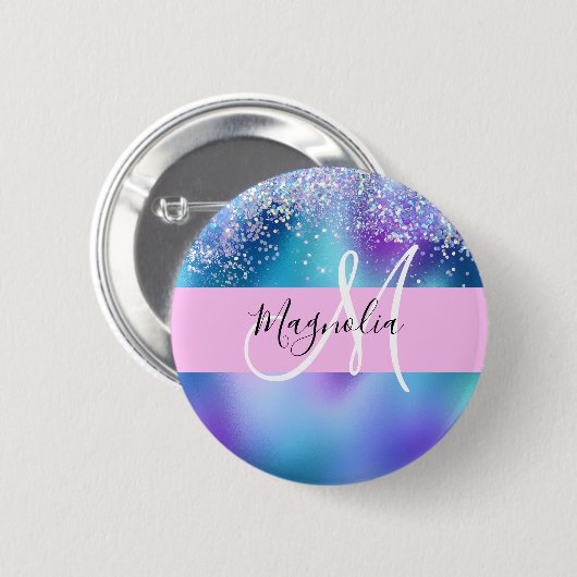 Badge Rond 5 Cm Glam Holographique Sirène Parties scintillant étin (Devant & derrière)
