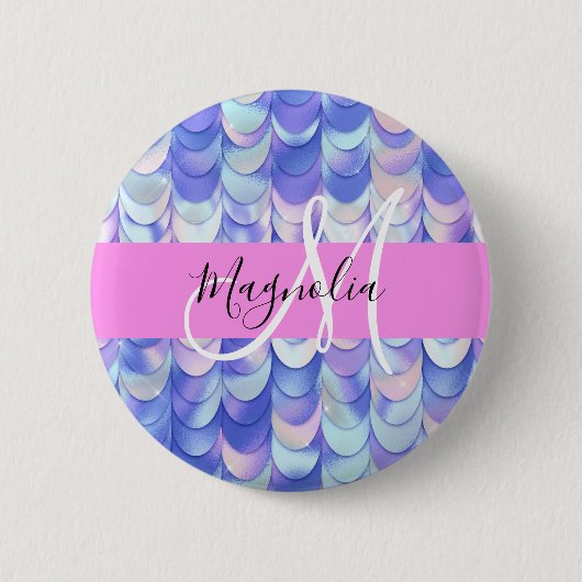 Badge Rond 5 Cm Glam Iridescente Blue Mermaid Scales Nom Monogramm (Devant)