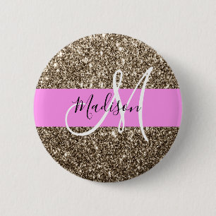 Badge Rond 5 Cm Glam Pink Champagne Gold Glitter Sparkle Monogram