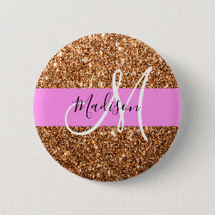Badge Rond 5 Cm Glam Pink & Copper Parties scintillant étincelles 