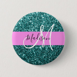 Badge Rond 5 Cm Glam Pink Turquoise Green Parties scintillant Nom 