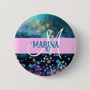 Badge Rond 5 Cm Glam Sirène Aqua Or Paillettes Monogramme