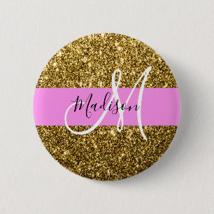 Badge Rond 5 Cm Glamour Rose et Or Paillettes Monogramme Nom