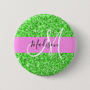 Badge Rond 5 Cm Glamour Rose et Vert Paillettes Monogramme Nom