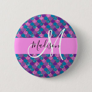 Badge Rond 5 Cm Glamour Violet Sirène Paillettes Monogramme Nom