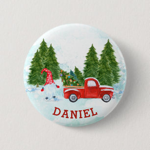 Badge Rond 5 Cm Gnome avec camion rouge de Noël