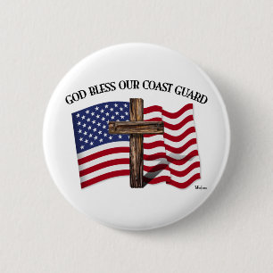 Badge Rond 5 Cm GOD BLESS COAST GUARD with rugged cross & US flag