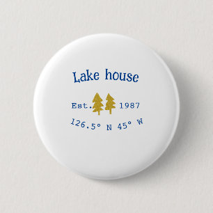 Badge Rond 5 Cm Gold arbre bleu maison lac ajouter la date de coor