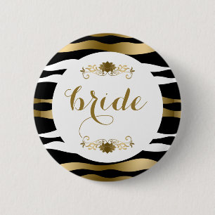 Badge Rond 5 Cm Gold Black & White Abstract Zebra Stripes